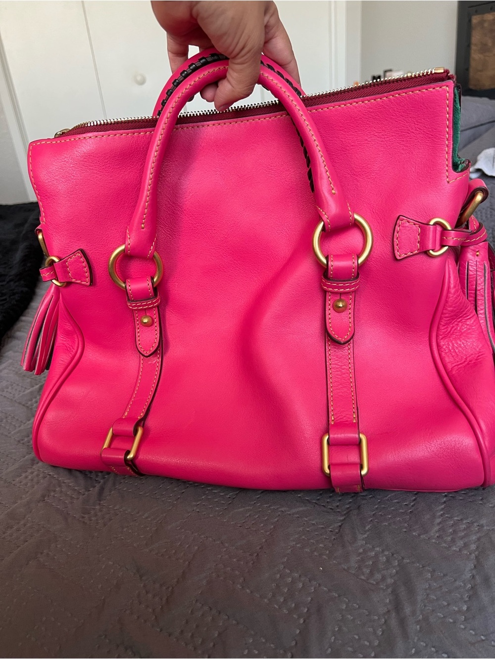 Dooney & Bourke Bright Pink Leather Satchel with Gold Hardware - Picture 2 of 11